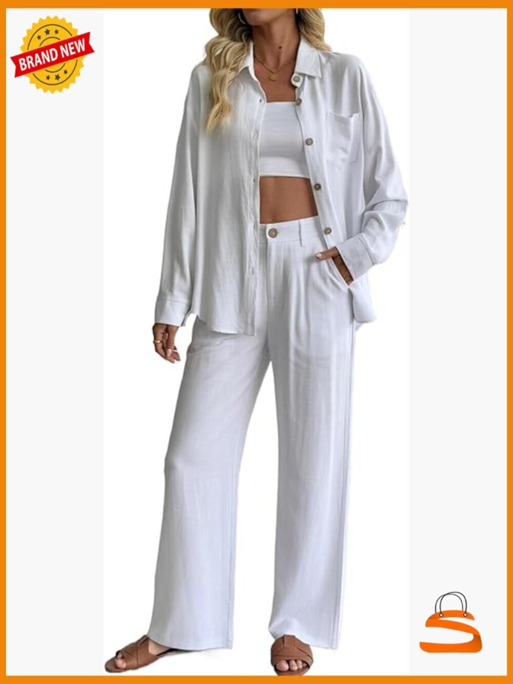 Linen 2 Piece Outfit: Button Down Shirt & Wide Leg Pants